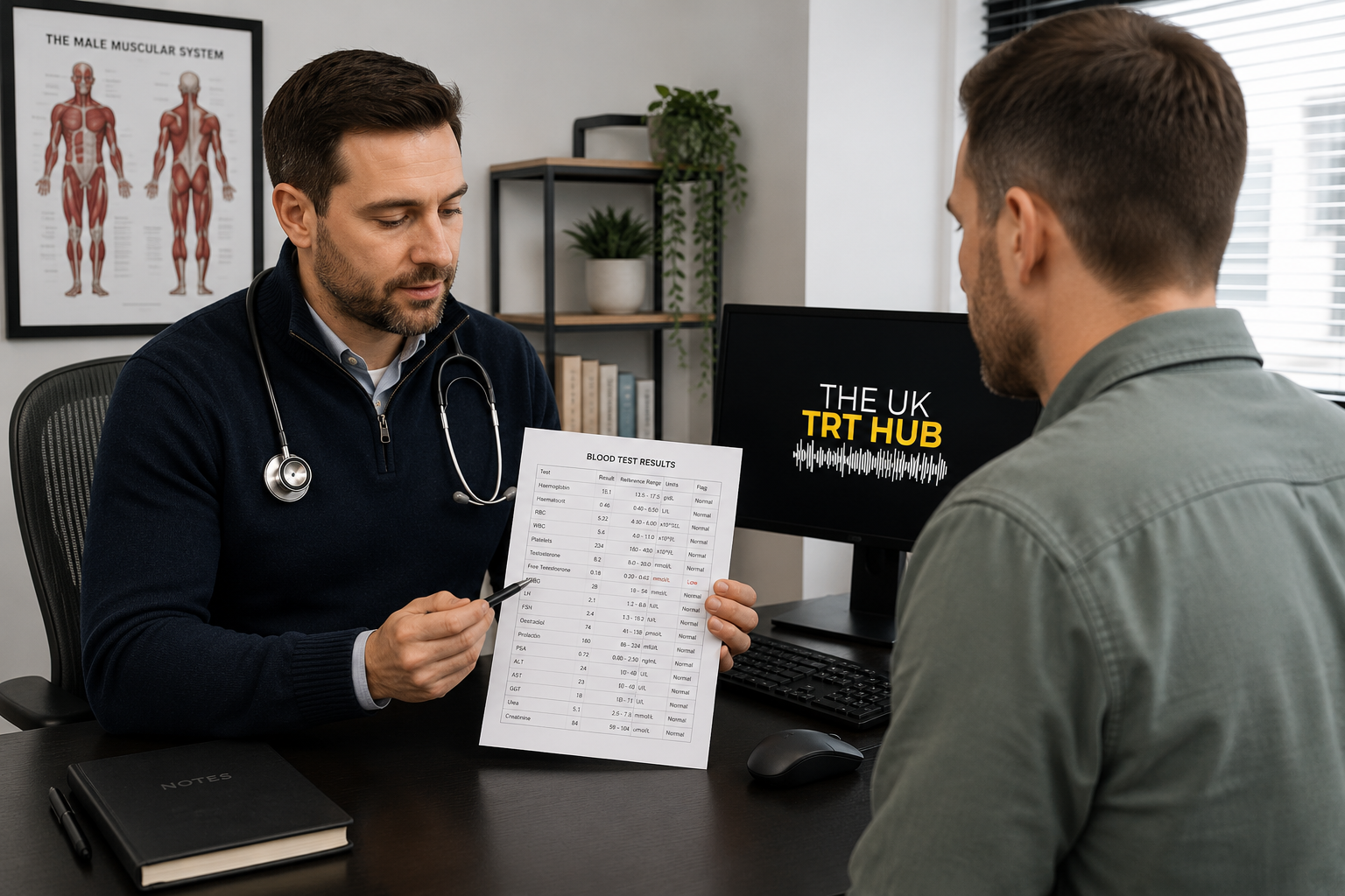 UK TRT consultation or clinician reviewing blood results