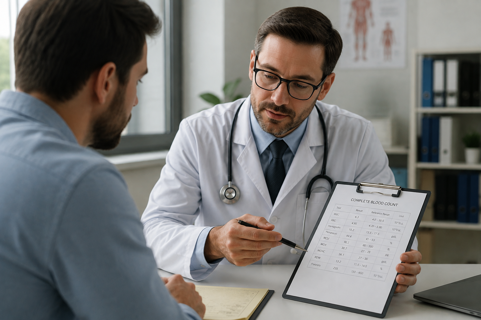 Doctor reviewing UK TRT blood test thresholds and clinical diagnostics