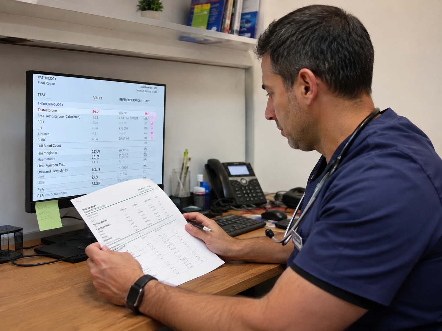Doctor reviewing testosterone blood test results during Nebido treatment