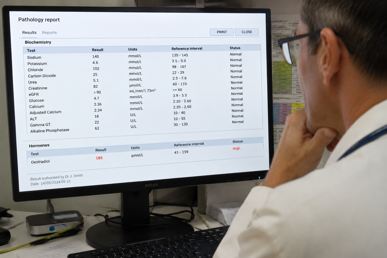Doctor reviewing oestradiol blood results during testosterone replacement therapy